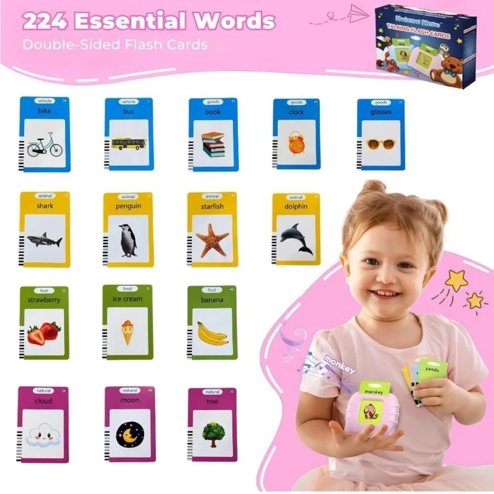 Montessori Talking Flash Cards Toy for Toddlers,Sensory Learning (Pink)- NIB